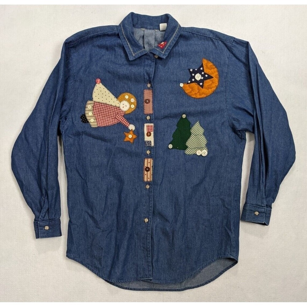 Denim Womens Shirt Size M‎ Christmas Angel Button Long Sleeve Cotton Blue